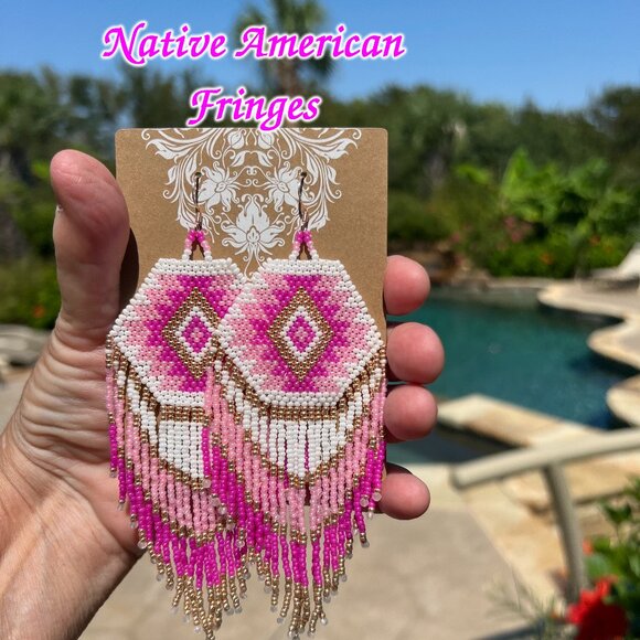 Handmade Beaded Native American Style Long & Large Fringe Dangle Drop Earrings - Picture 9 of 9